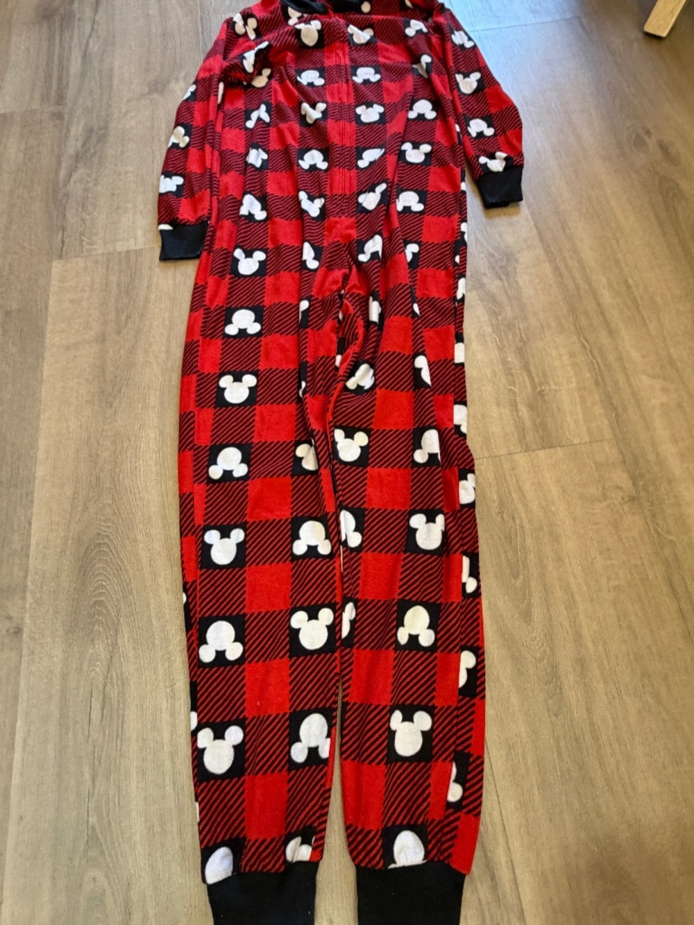 Disney Mickey Mouse Red Black Buffalo Plaid Hooded Union Suit One Piece Pajama